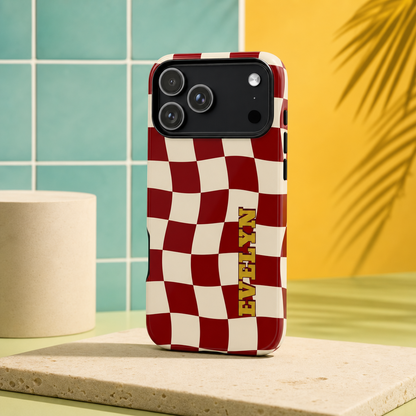 Personalized Burgundy Checkered Phone Case – Custom Name Wavy Retro Aesthetic