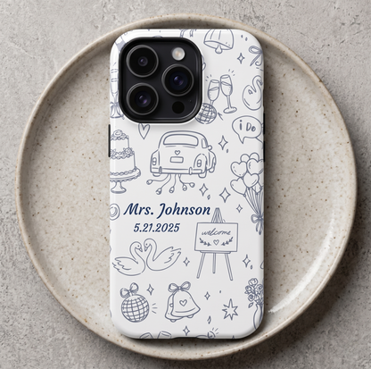 Custom bride phone case in navy blue with hand-drawn wedding icons including cake, getaway car, swans and bells personalized with name and date