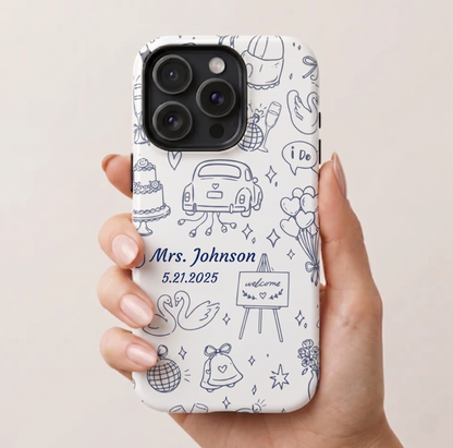 Elegant navy wedding gift phone case with whimsical sketch bridal art and custom name and date print