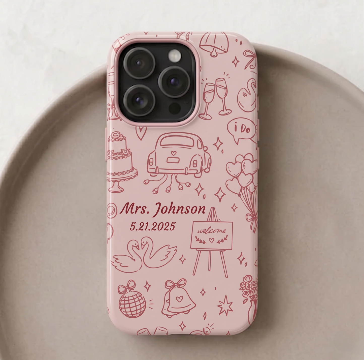 Romantic pink wedding gift phone case with whimsical sketch bridal art and custom name and date print