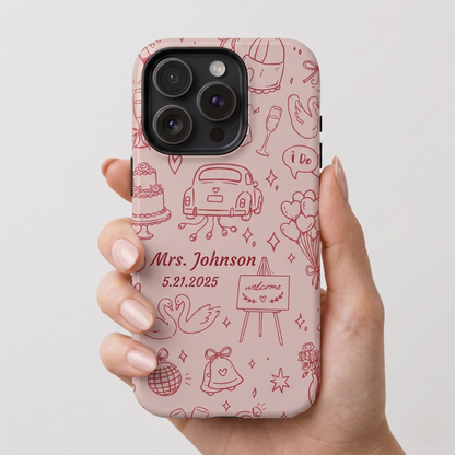 Custom bride phone case in pink with hand-drawn wedding icons including cake, getaway car, swans and bells personalized with name and date