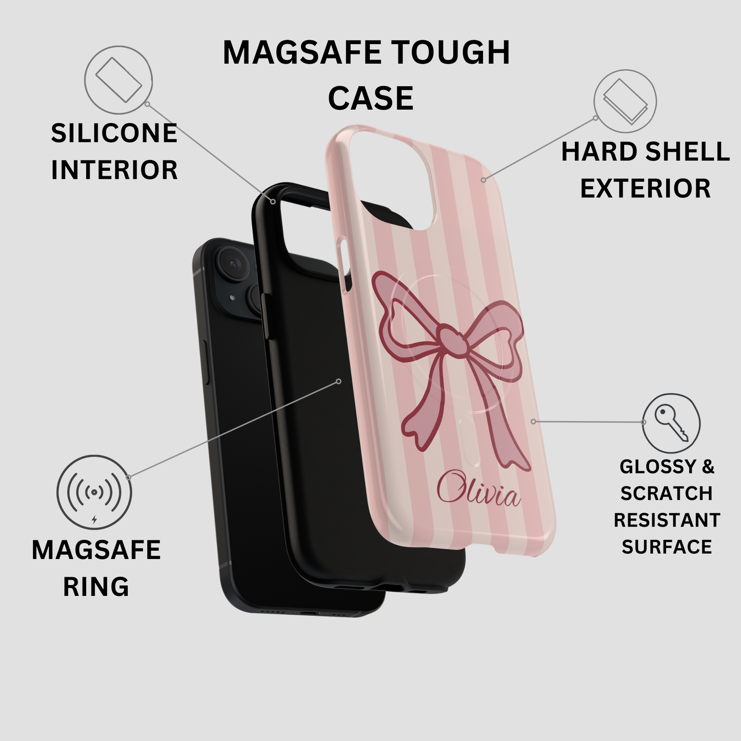 Personalized Pink Bow Phone Case – Soft Pastel Striped Coquette Aesthetic
