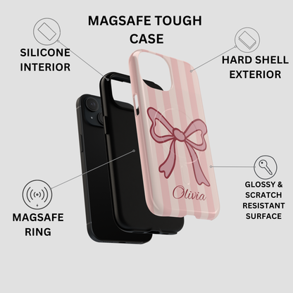 Personalized Pink Bow Phone Case – Soft Pastel Striped Coquette Aesthetic