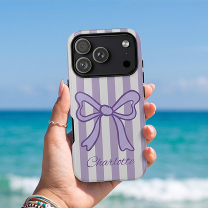 Personalized Lavender Bow Phone Case – Purple Striped Coquette Ribbon Aesthetic