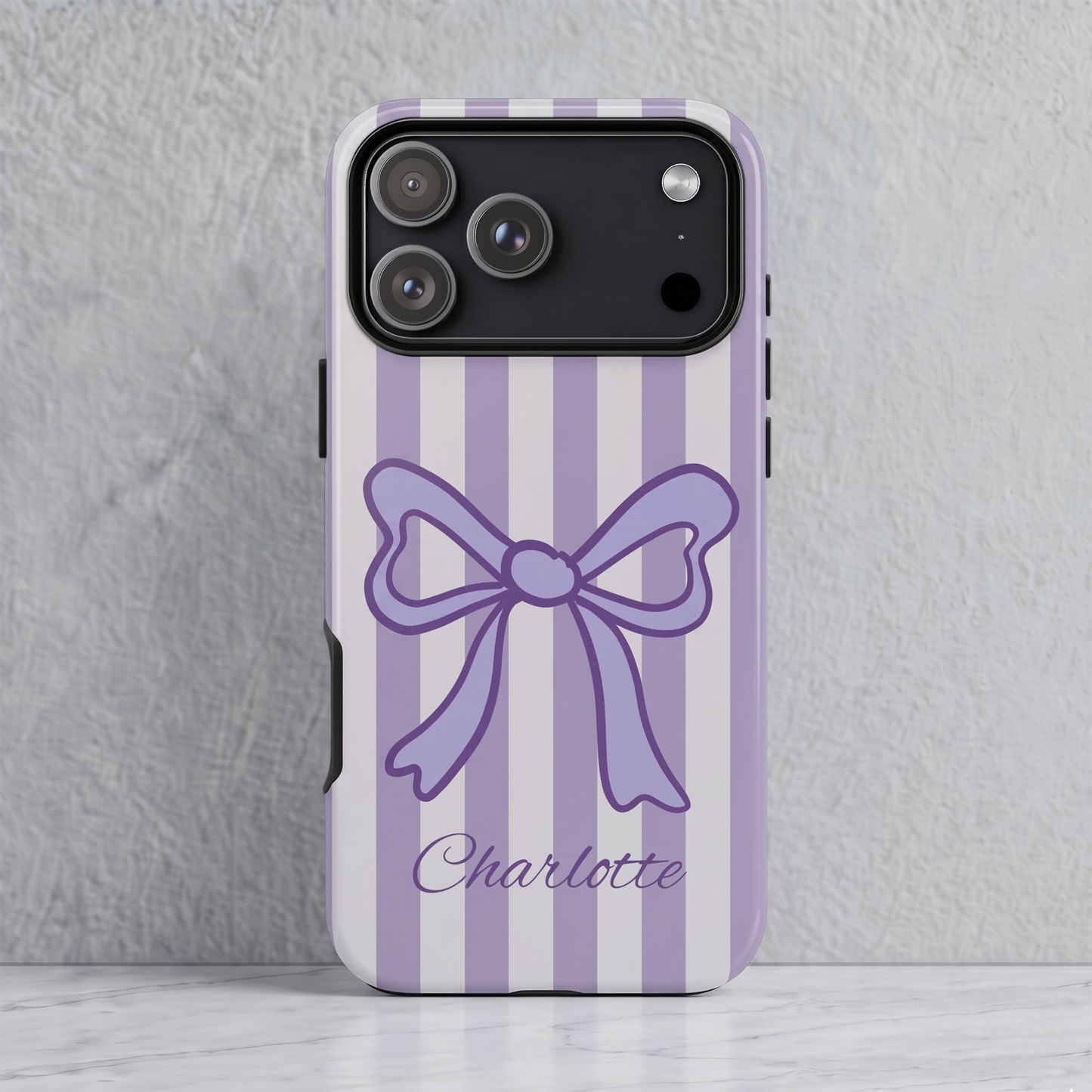 Personalized Lavender Bow Phone Case – Purple Striped Coquette Ribbon Aesthetic