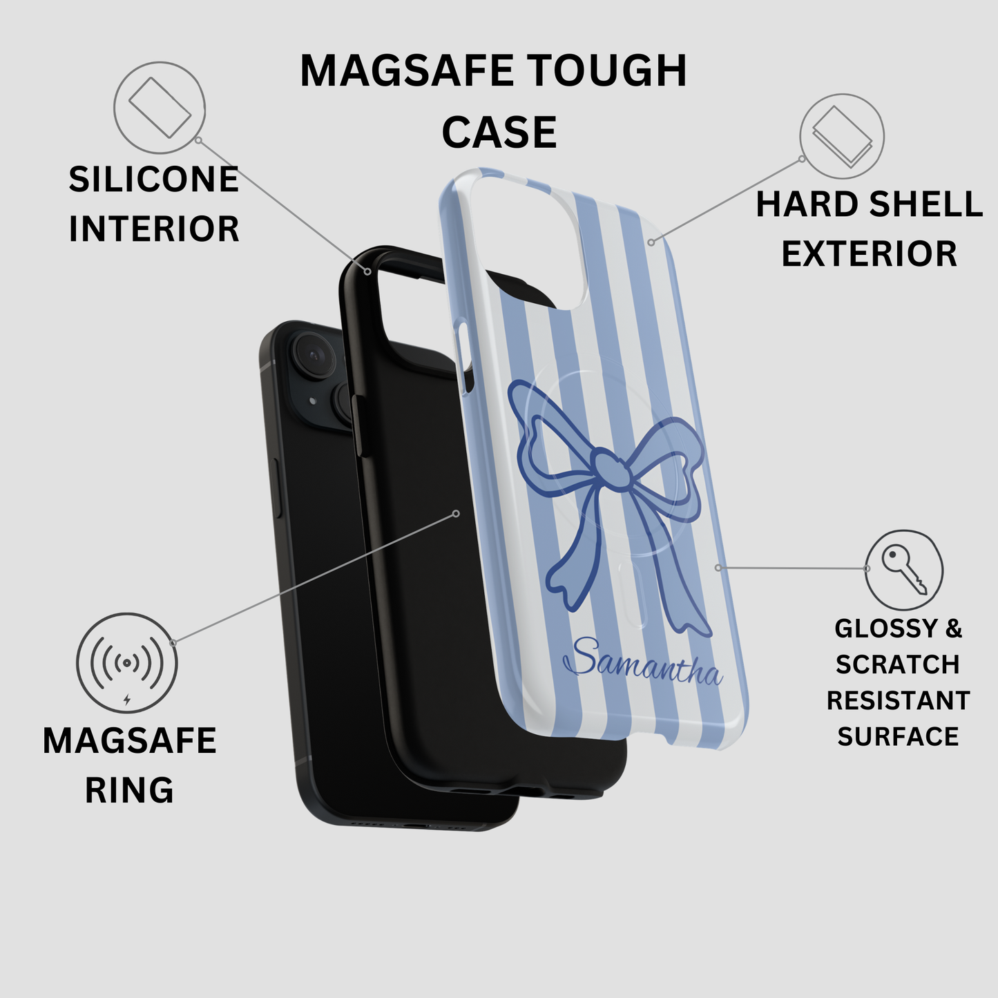 Personalized Coquette Bow Phone Case – Blue Striped Preppy Ribbon Aesthetic