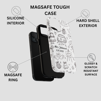 Custom wedding date phone case with illustrated bridal icons in black and white sketch style – personalized bride gift