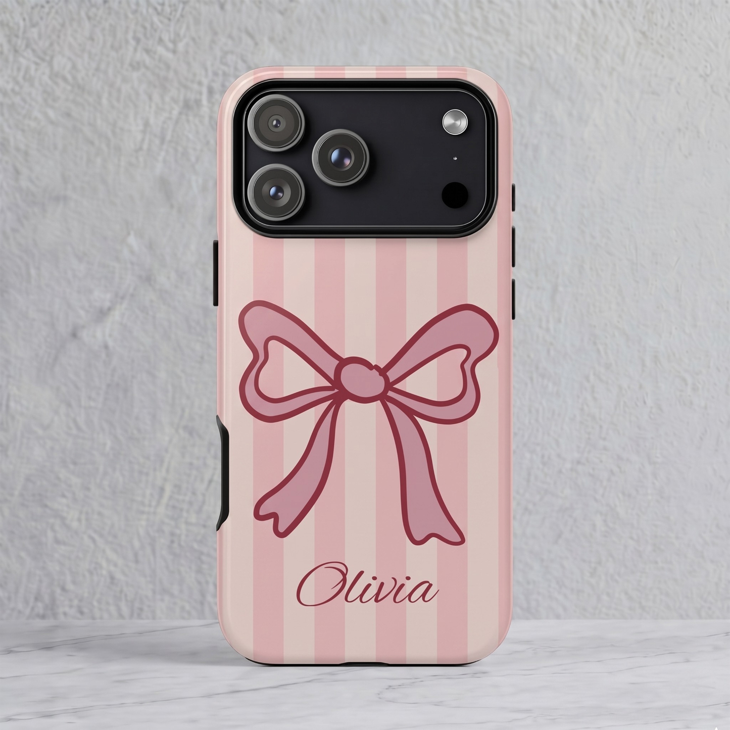 Personalized Pink Bow Phone Case – Soft Pastel Striped Coquette Aesthetic