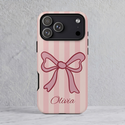 Personalized Pink Bow Phone Case – Soft Pastel Striped Coquette Aesthetic
