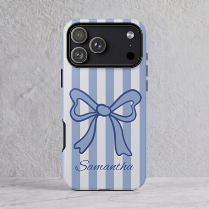Personalized Coquette Bow Phone Case – Blue Striped Preppy Ribbon Aesthetic