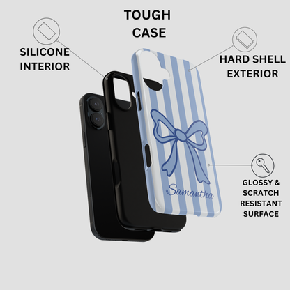 Personalized Coquette Bow Phone Case – Blue Striped Preppy Ribbon Aesthetic