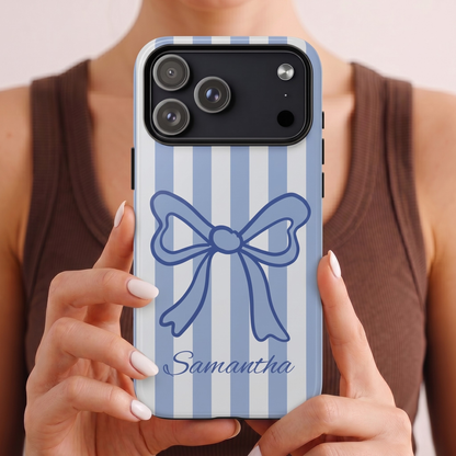Personalized Coquette Bow Phone Case – Blue Striped Preppy Ribbon Aesthetic