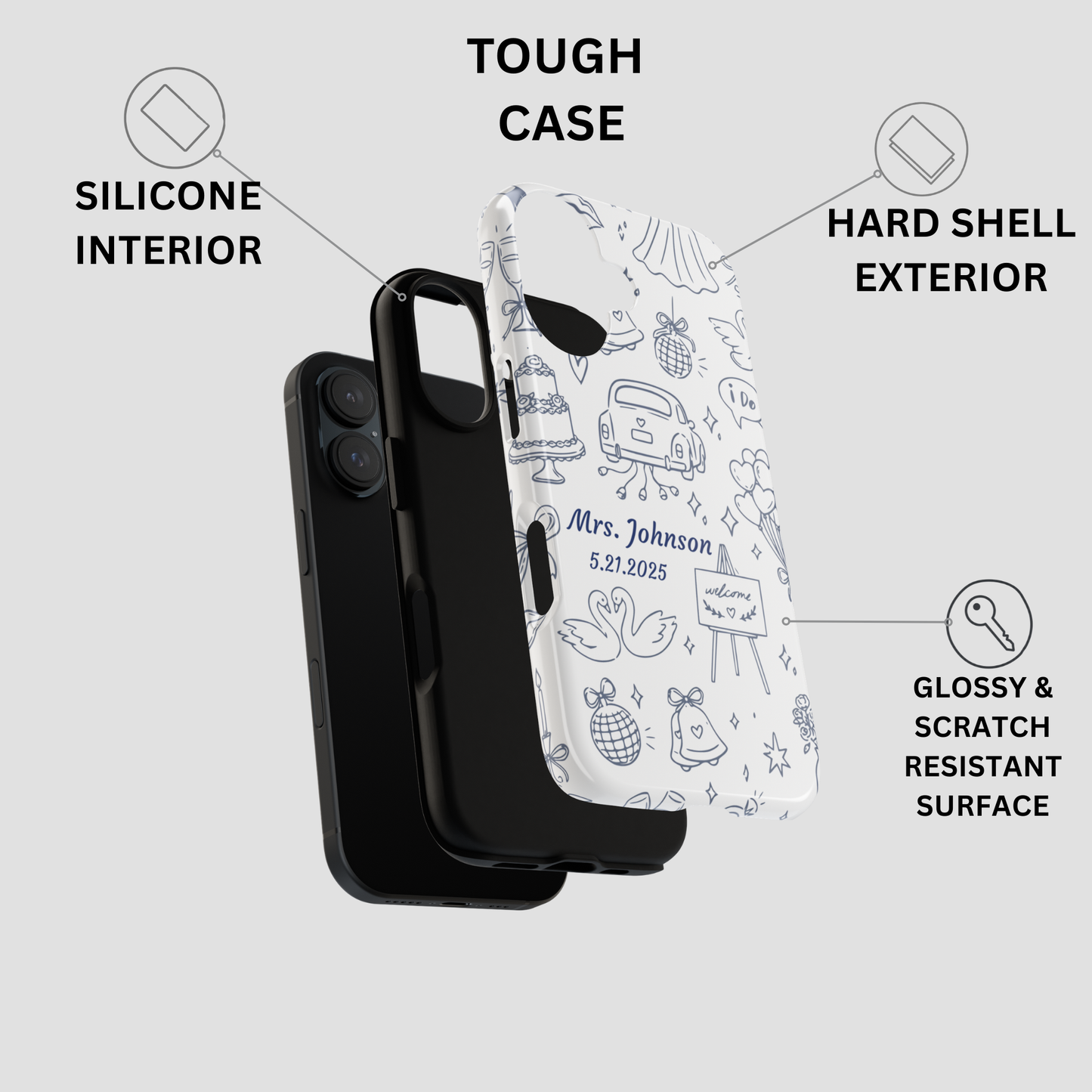 Navy blue custom wedding date phone case with illustrated bridal icons in sketch style – personalized gift for bride