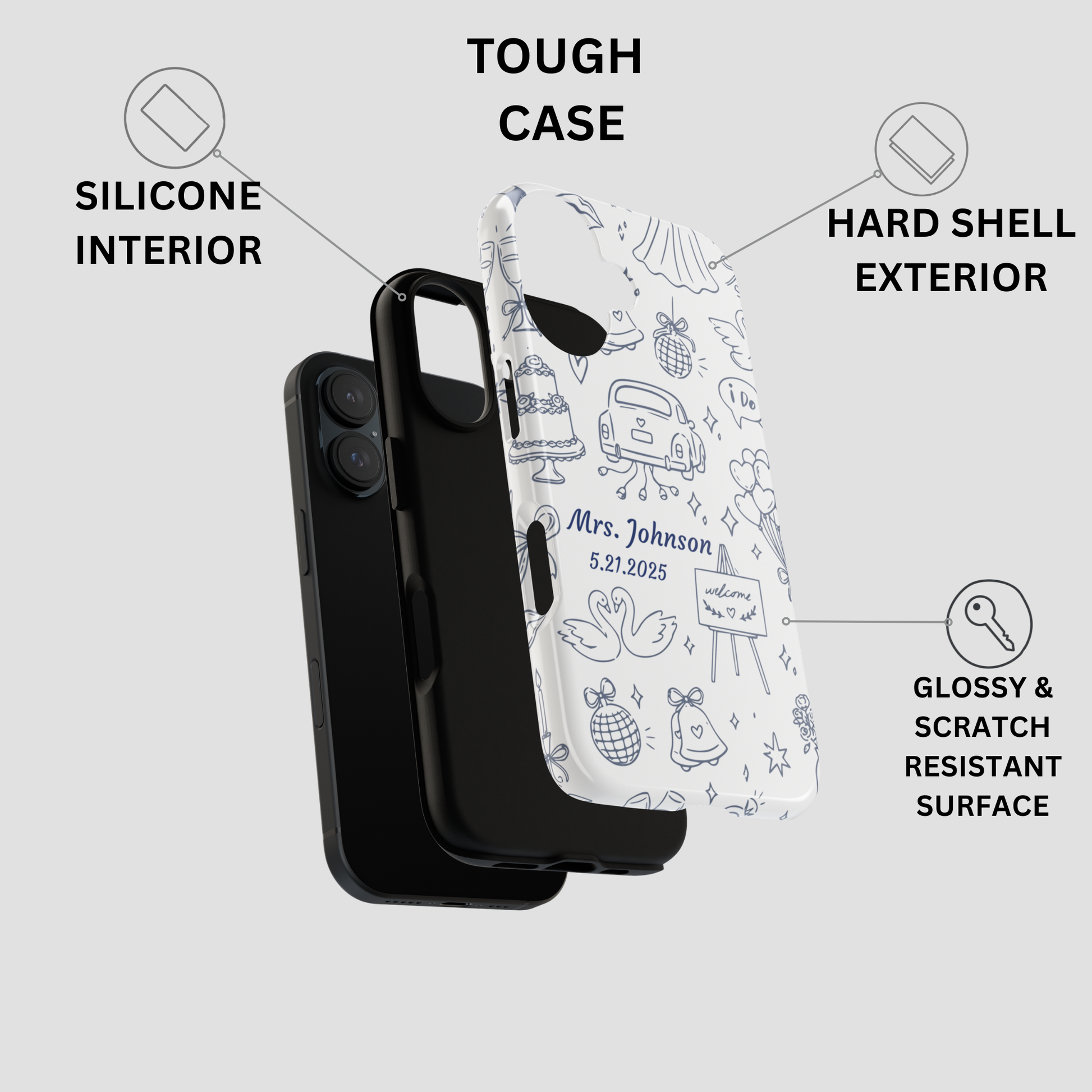 Navy blue custom wedding date phone case with illustrated bridal icons in sketch style – personalized gift for bride