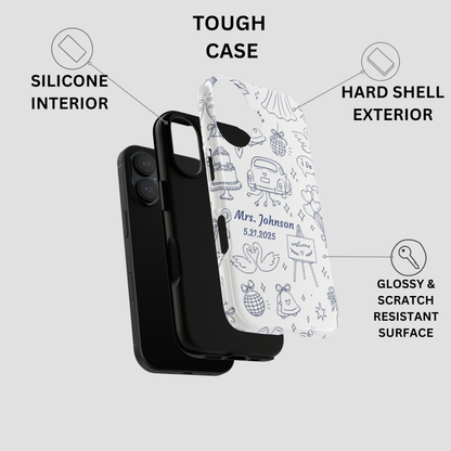 Navy blue custom wedding date phone case with illustrated bridal icons in sketch style – personalized gift for bride