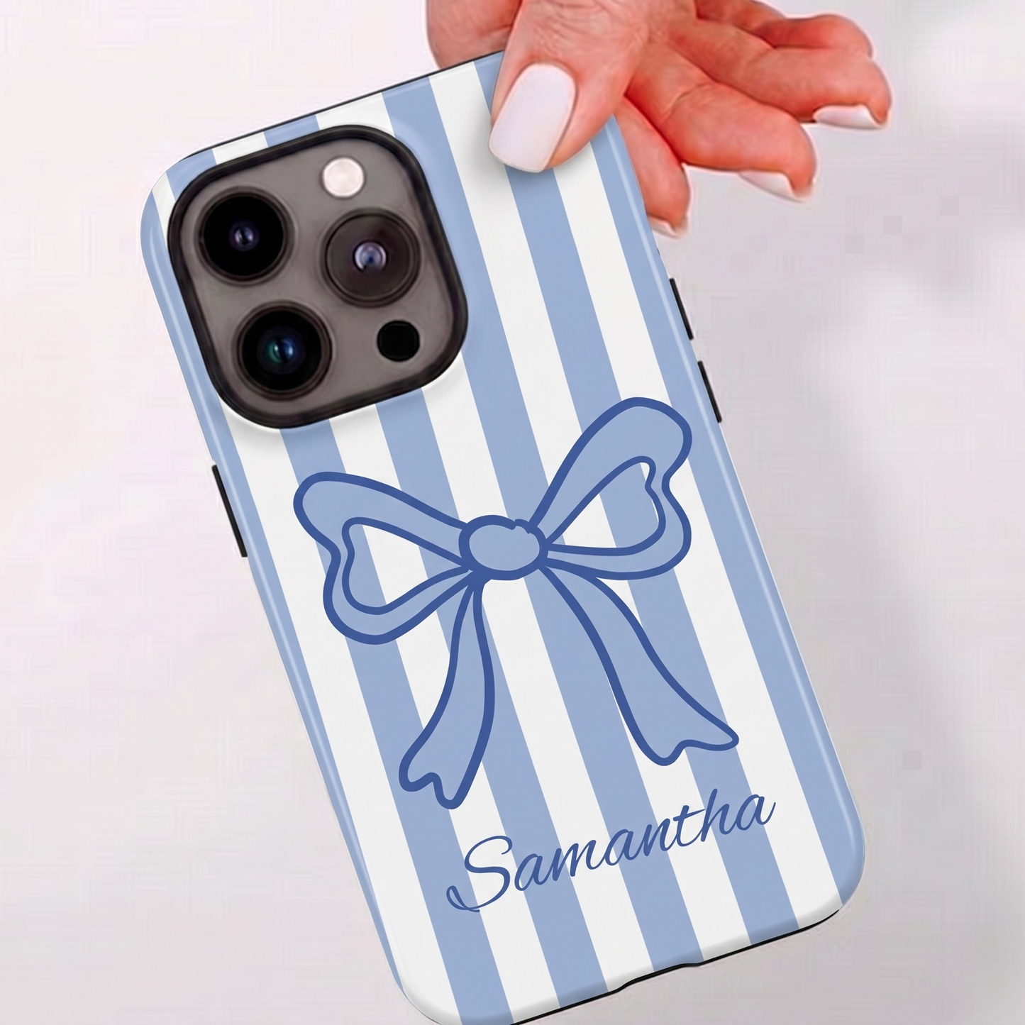 Personalized Coquette Bow Phone Case – Blue Striped Preppy Ribbon Aesthetic