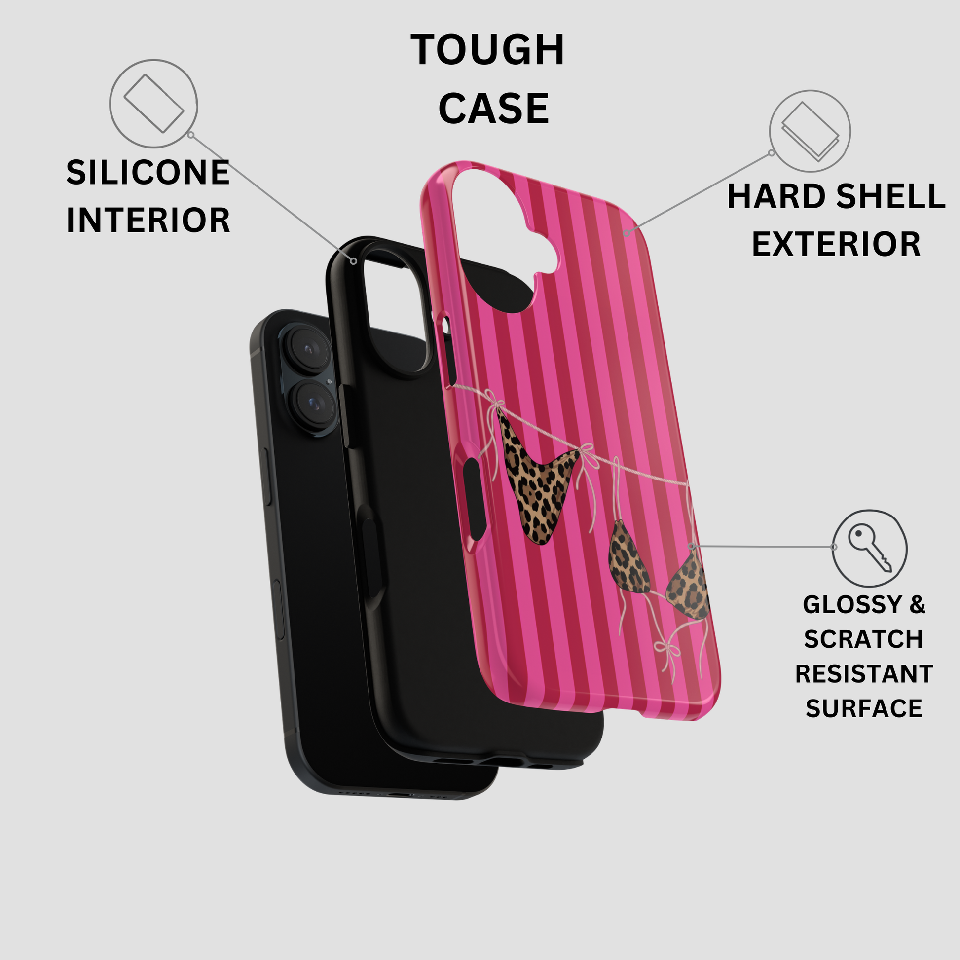 Fierce leopard print swimsuit phone case with clothesline illustration – bold summer aesthetic