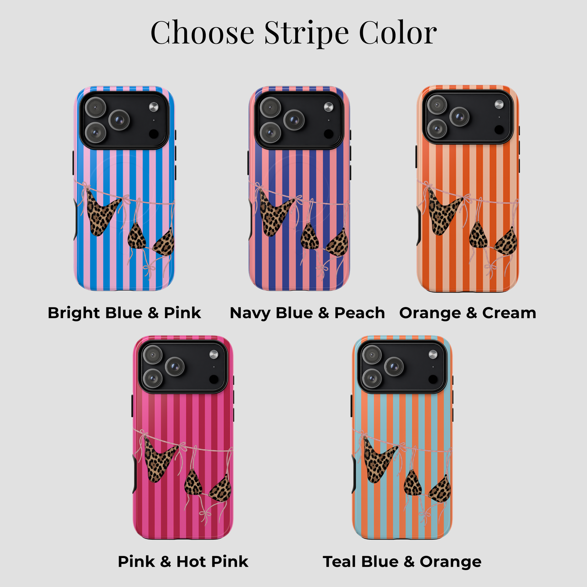Five phone cases with different stripe color combinations on a white background.