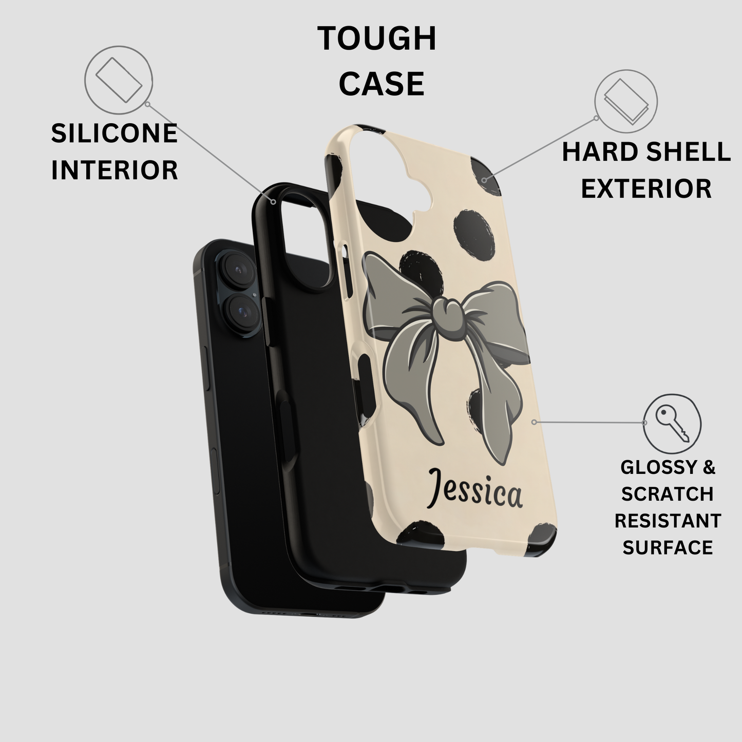 Phone case with cow print and bow design, featuring text labels on a light gray background.