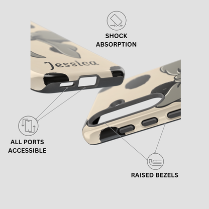 Phone case with features highlighted on a light gray background