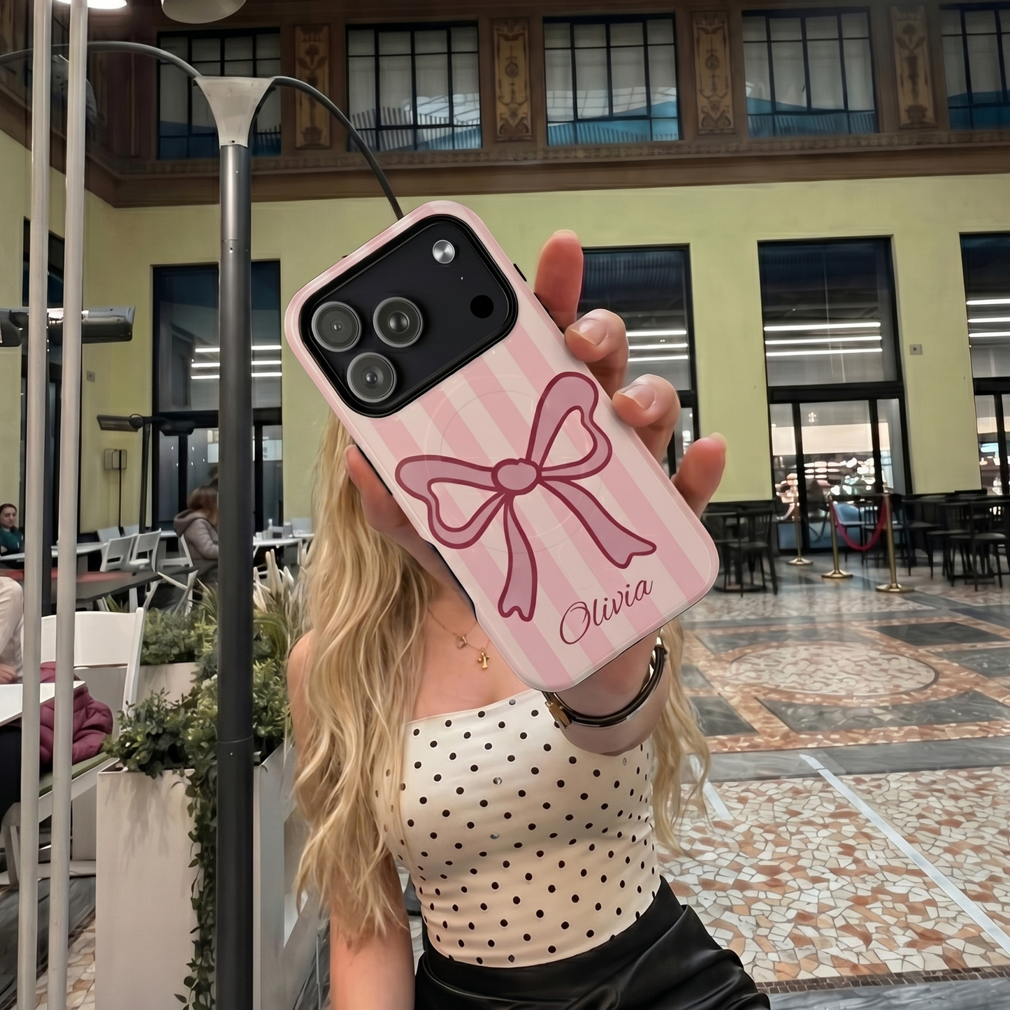 Personalized Pink Bow Phone Case – Soft Pastel Striped Coquette Aesthetic