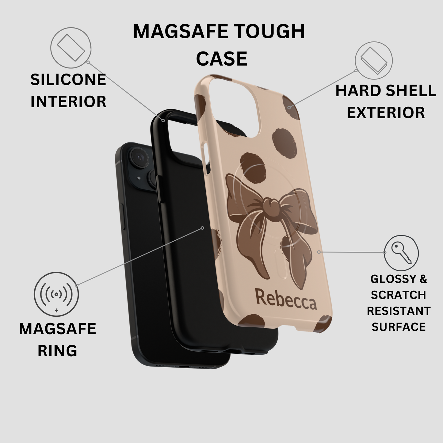 Phone case with features highlighted on a white background