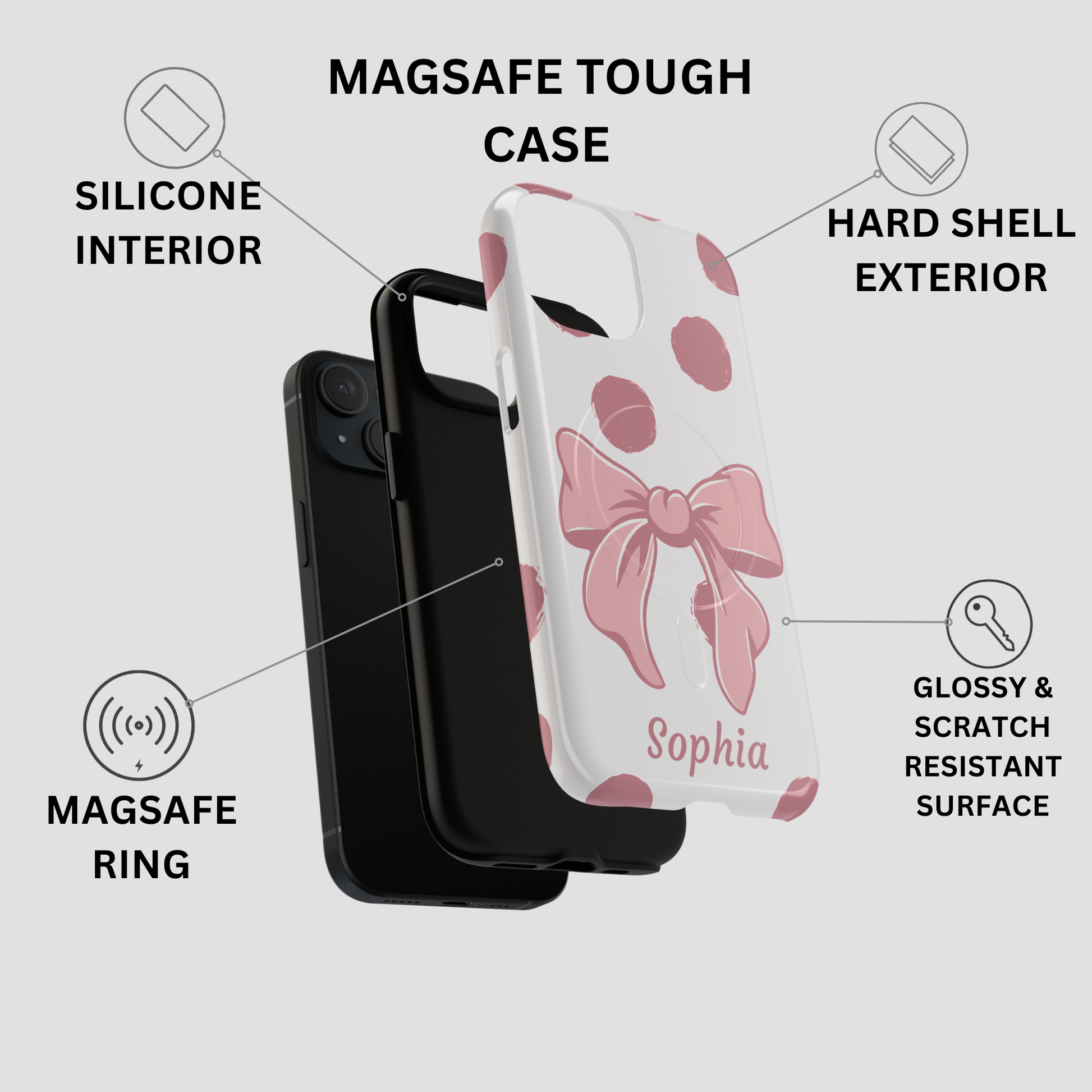 Phone case with features highlighted on a gray background