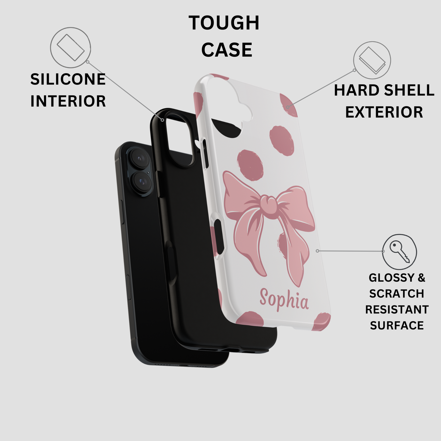 Phone case with pink bow design and text 'Sophia', labeled features on a light gray background