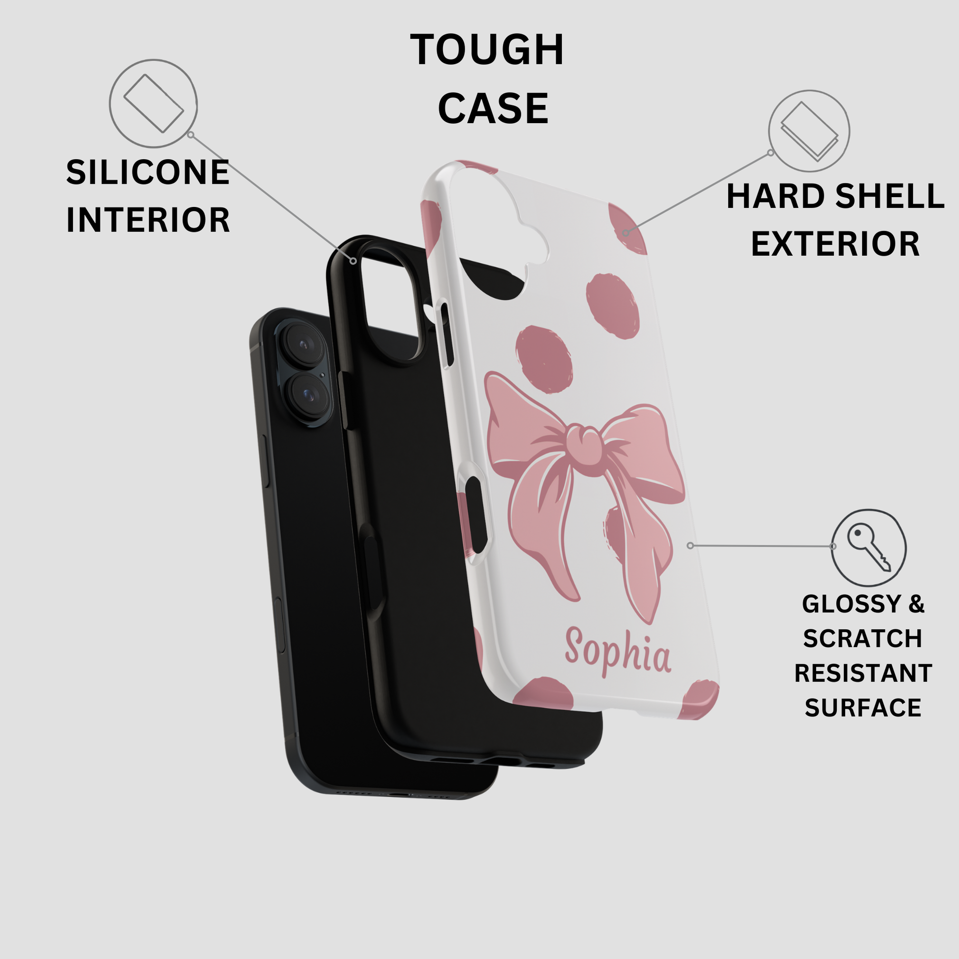 Phone case with pink bow design and text 'Sophia', labeled features on a light gray background