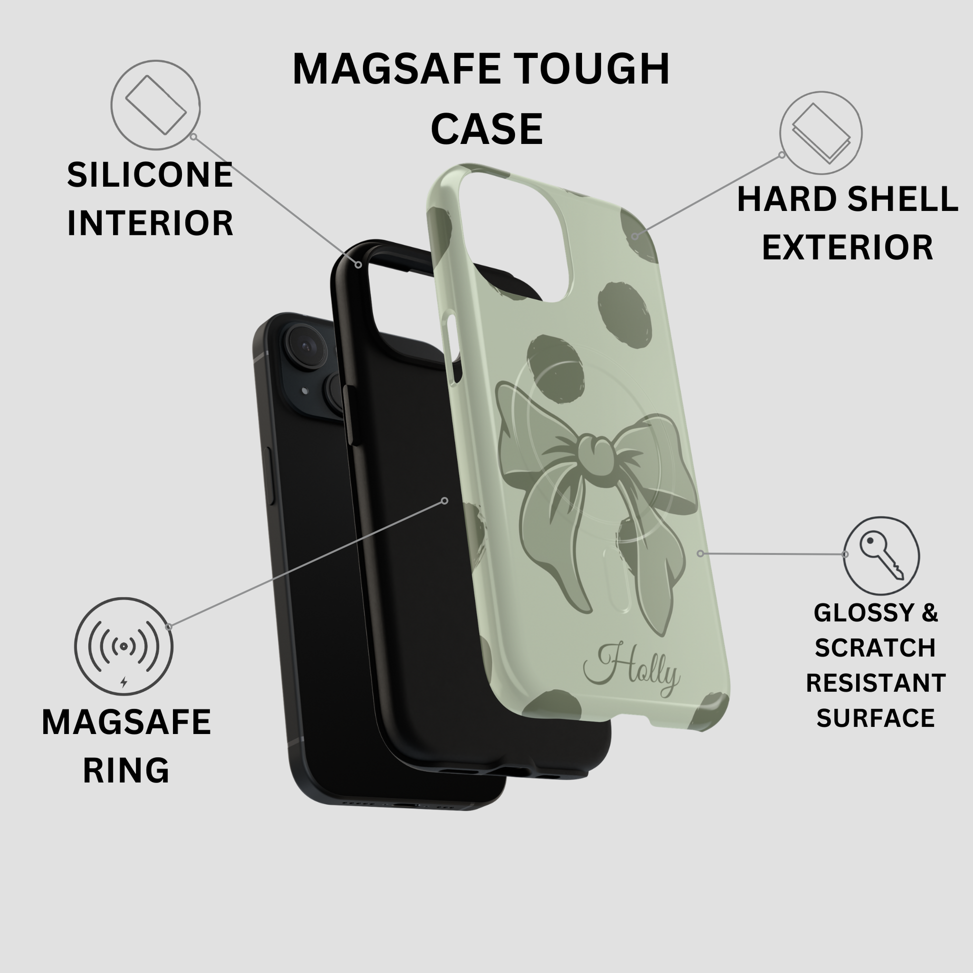 Green phone case with bow design and text highlighting features on a gray background