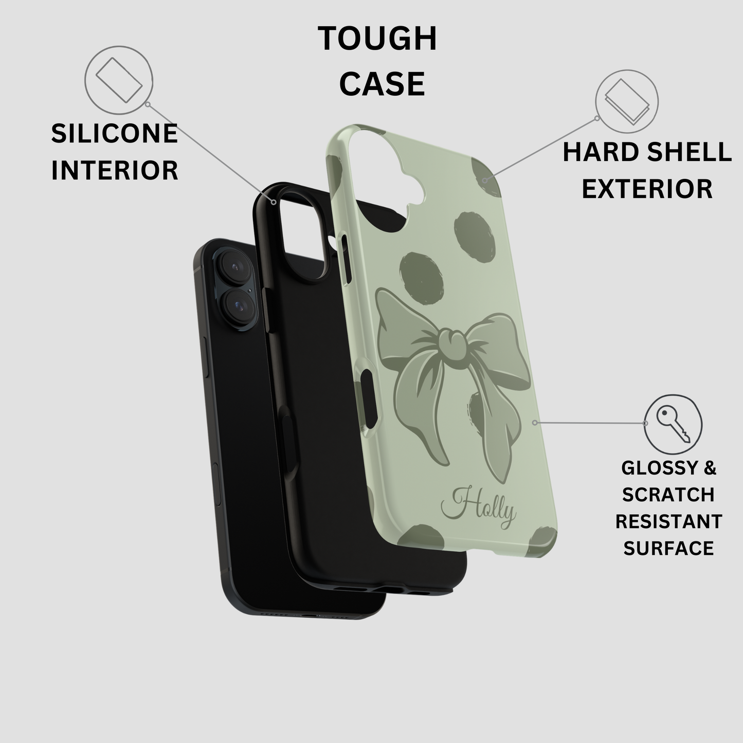 Custom name sage green polka dot bow phone case – trendy cottagecore coquette gift for her
