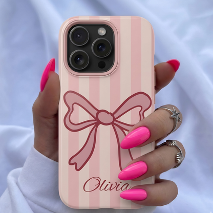 Personalized Pink Bow Phone Case – Soft Pastel Striped Coquette Aesthetic