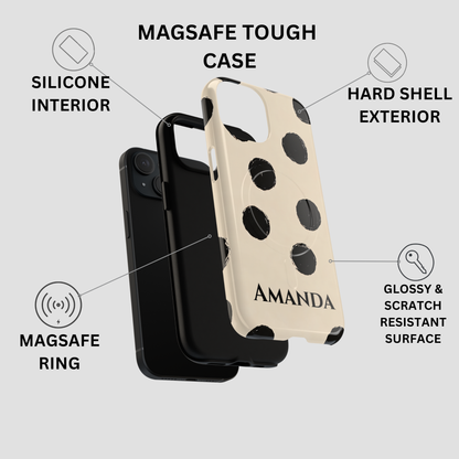 A phone case product graphic on a light gray background with callout text and icons explaining features: silicone interior, hard shell exterior, MagSafe ring, and glossy scratch-resistant surface. The main product shown is a cream phone case with black polka dots and the name AMANDA printed near the bottom, alongside a black phone inside it.