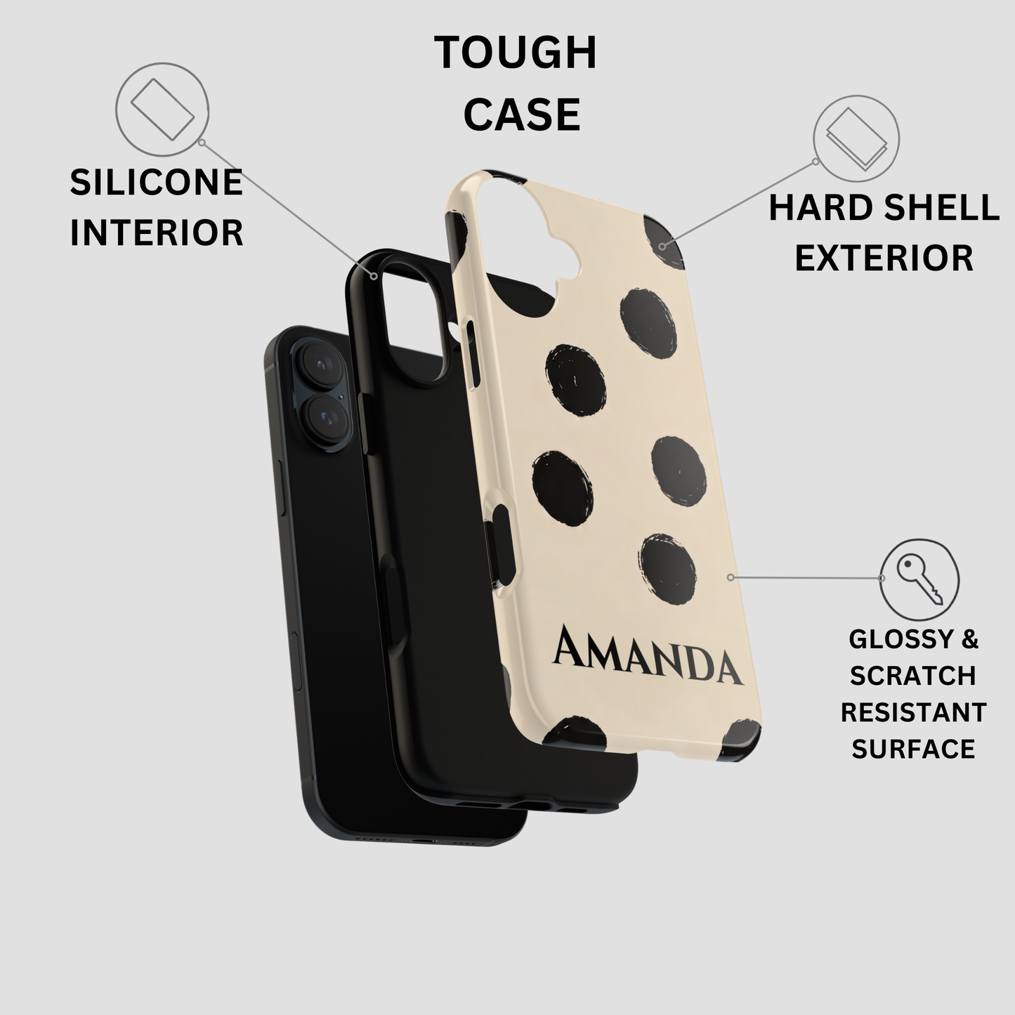 A phone case shown on a light gray background with callout text explaining its features: silicone interior, hard shell exterior, glossy and scratch-resistant surface, and tough case. The case has a cream base with large black polka dots and the name 'AMANDA' printed near the bottom.