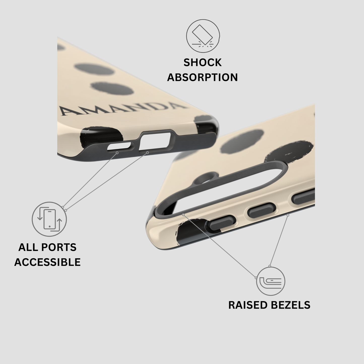 A beige phone case with black polka dots and black port covers, shown from two angles with feature callouts: shock absorption, all ports accessible, and raised bezels.