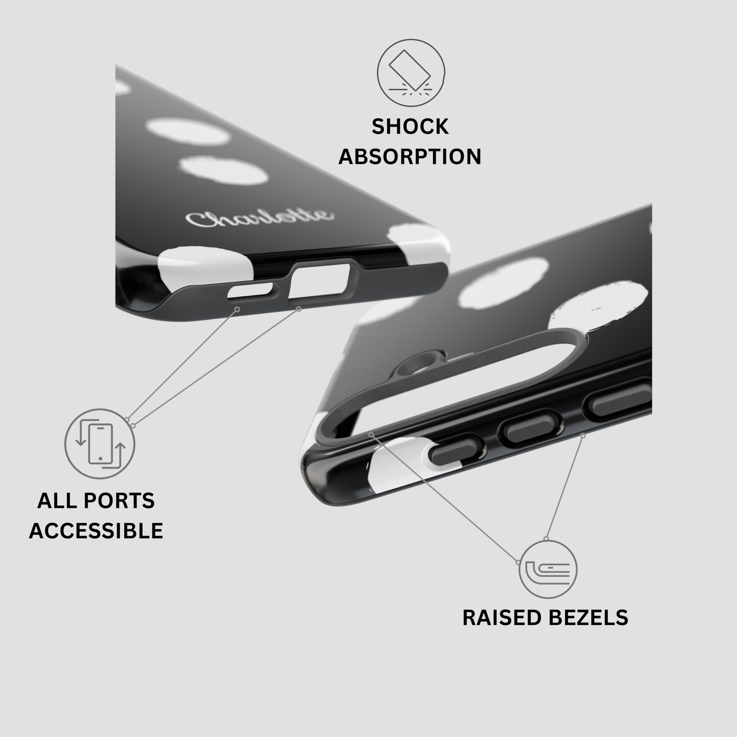 Black phone case with white circular cutouts and raised white bezels, shown from multiple angles with callout icons and text reading 'SHOCK ABSORPTION,' 'ALL PORTS ACCESSIBLE,' and 'RAISED BEZELS.'.