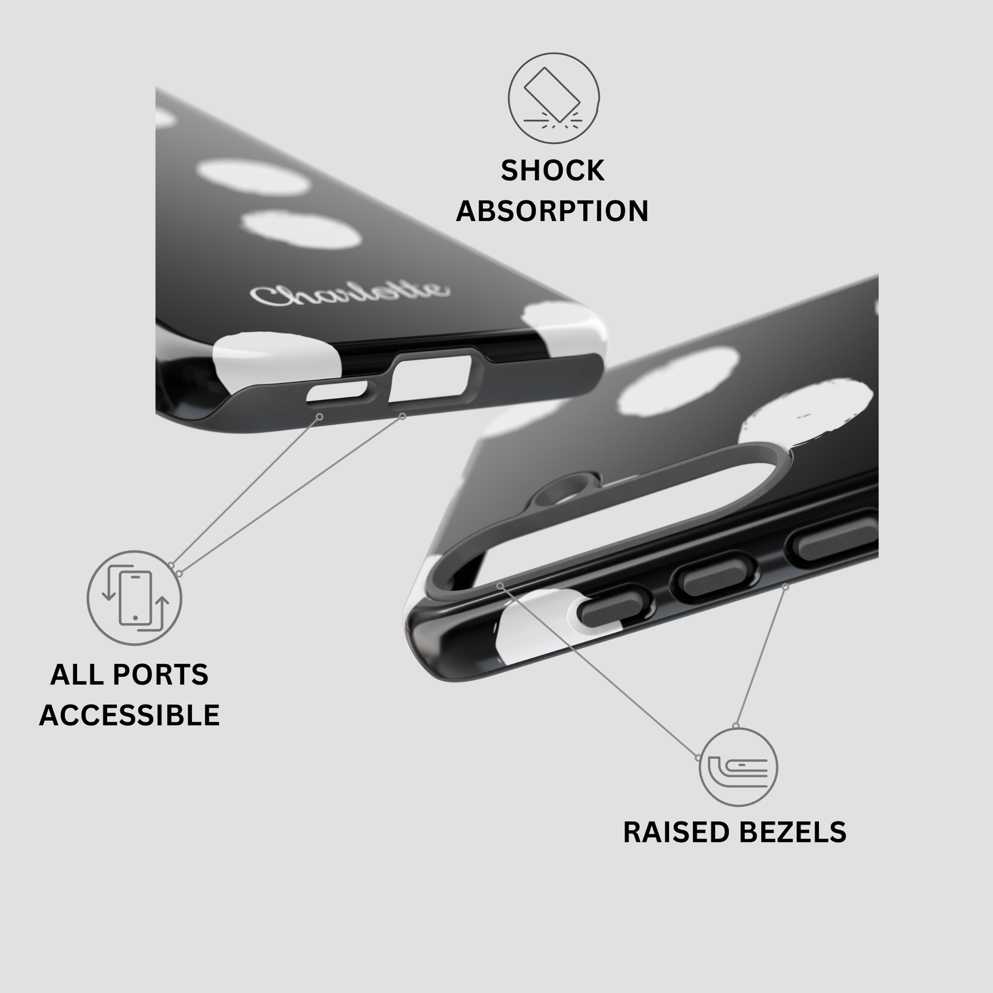Black phone case with white circular cutouts and raised white bezels, shown from multiple angles with callout icons and text reading 'SHOCK ABSORPTION,' 'ALL PORTS ACCESSIBLE,' and 'RAISED BEZELS.'.