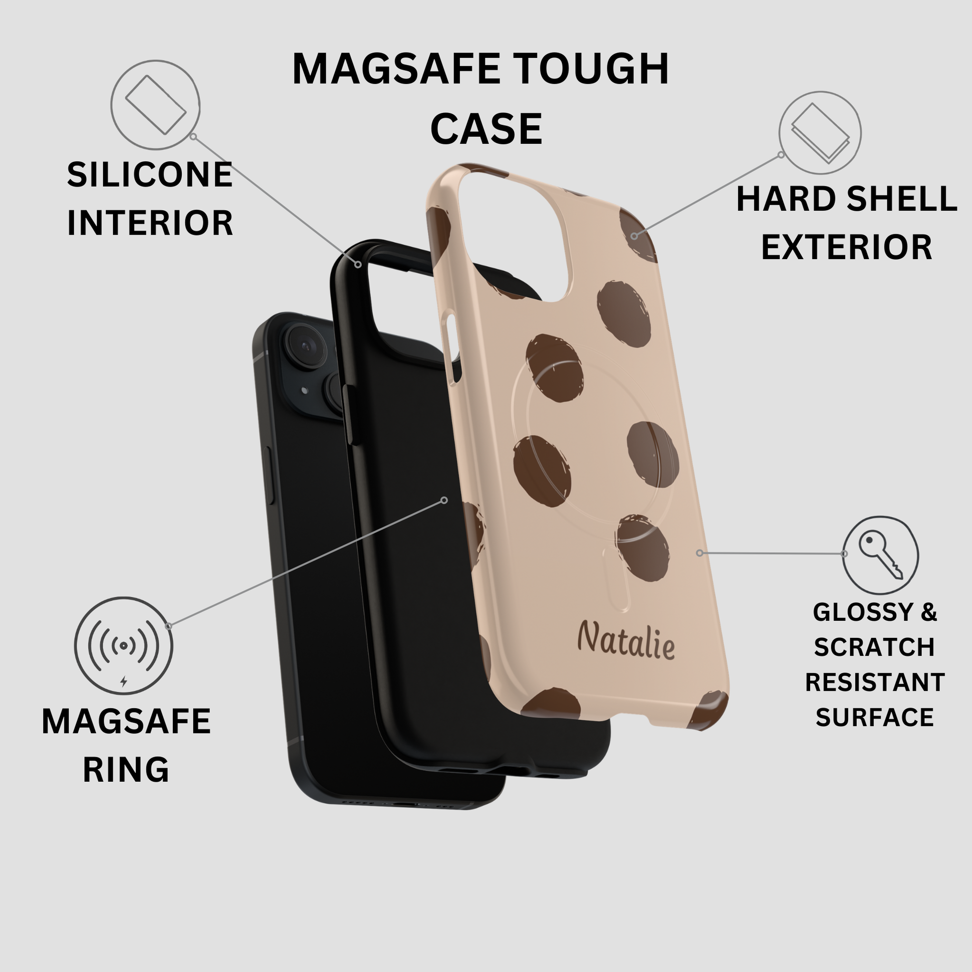A phone case product graphic showing a  brown case with dark brown polka dots and a black phone inserted behind it. Text callouts describe features: silicone interior, hard shell exterior, magnetic ring, glossy and scratch-resistant surface.