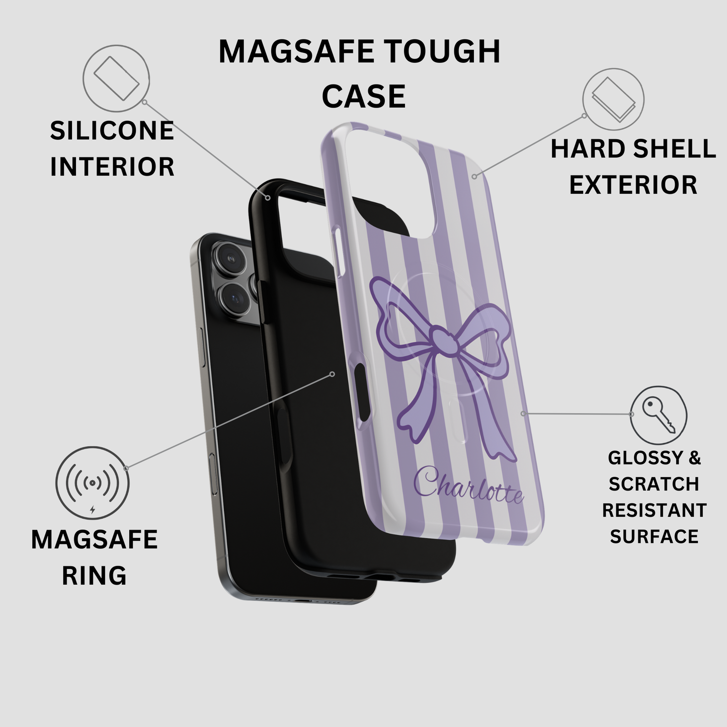 Personalized Lavender Bow Phone Case – Purple Striped Coquette Ribbon Aesthetic