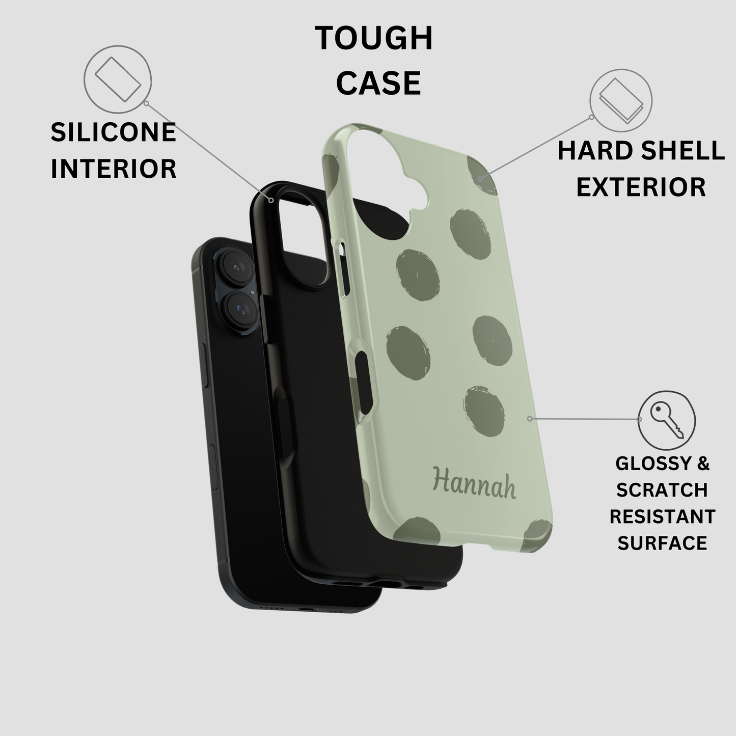 Personalized Sage Green Polka Dot Phone Case – Custom Name Matcha Aesthetic