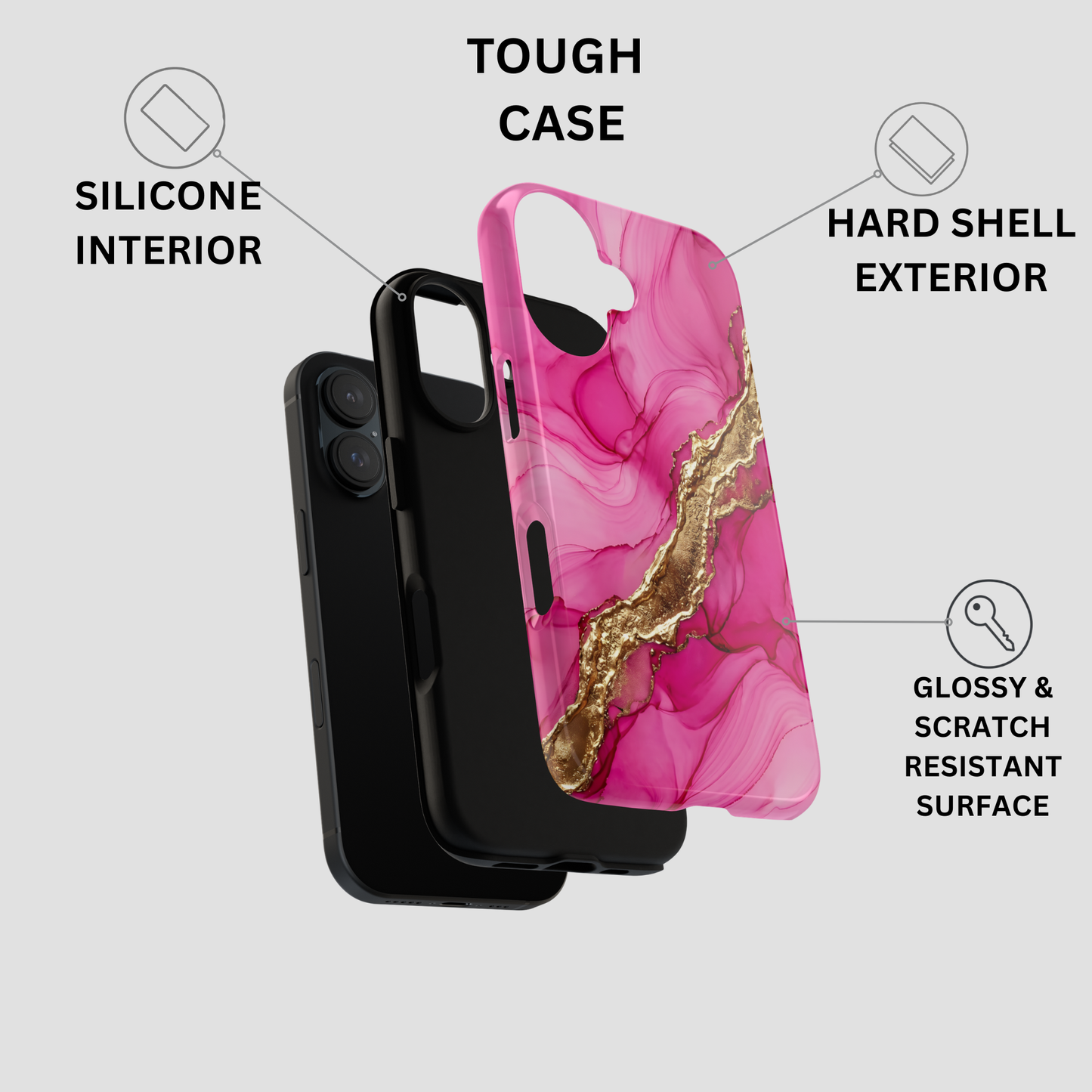 Pink and gold marble-patterned phone case shown with black phone mockups, labeled with callout text for tough case features on a light gray background.