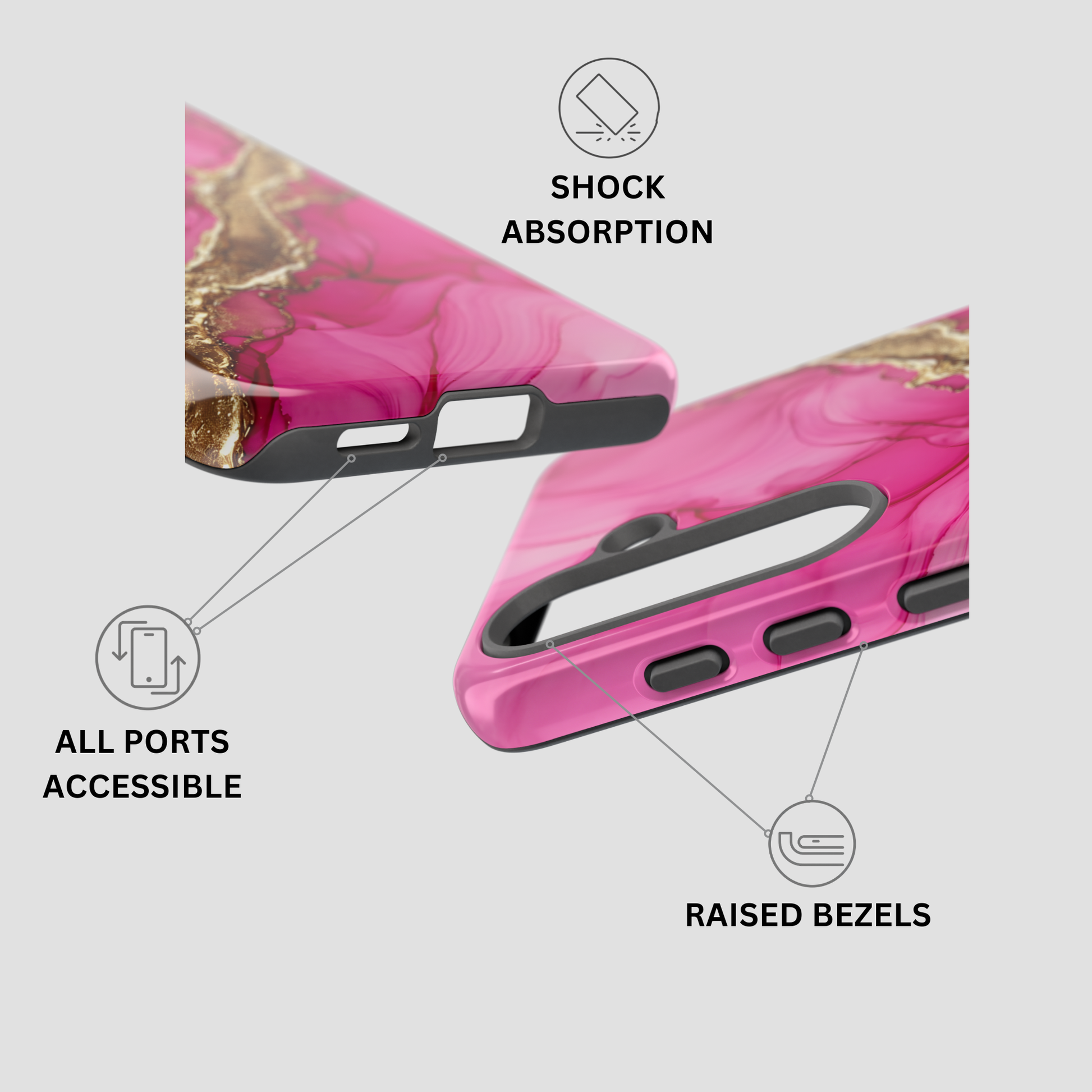Pink and gold marbled phone case shown from multiple angles with callout icons and text highlighting shock absorption, all ports accessible, and raised bezels.