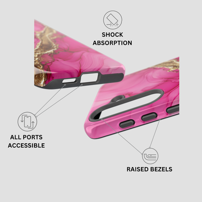 Pink and gold marbled phone case shown from multiple angles with callout icons and text highlighting shock absorption, all ports accessible, and raised bezels.