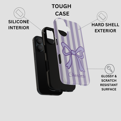 Personalized Lavender Bow Phone Case – Purple Striped Coquette Ribbon Aesthetic