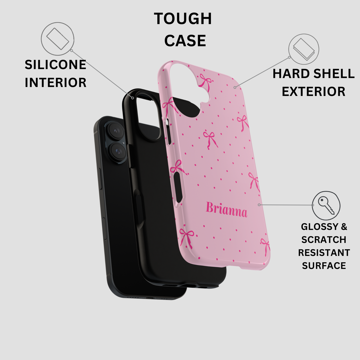 Personalized Pink Bow Phone Case – Custom Name Polka Dot Coquette Aesthetic
