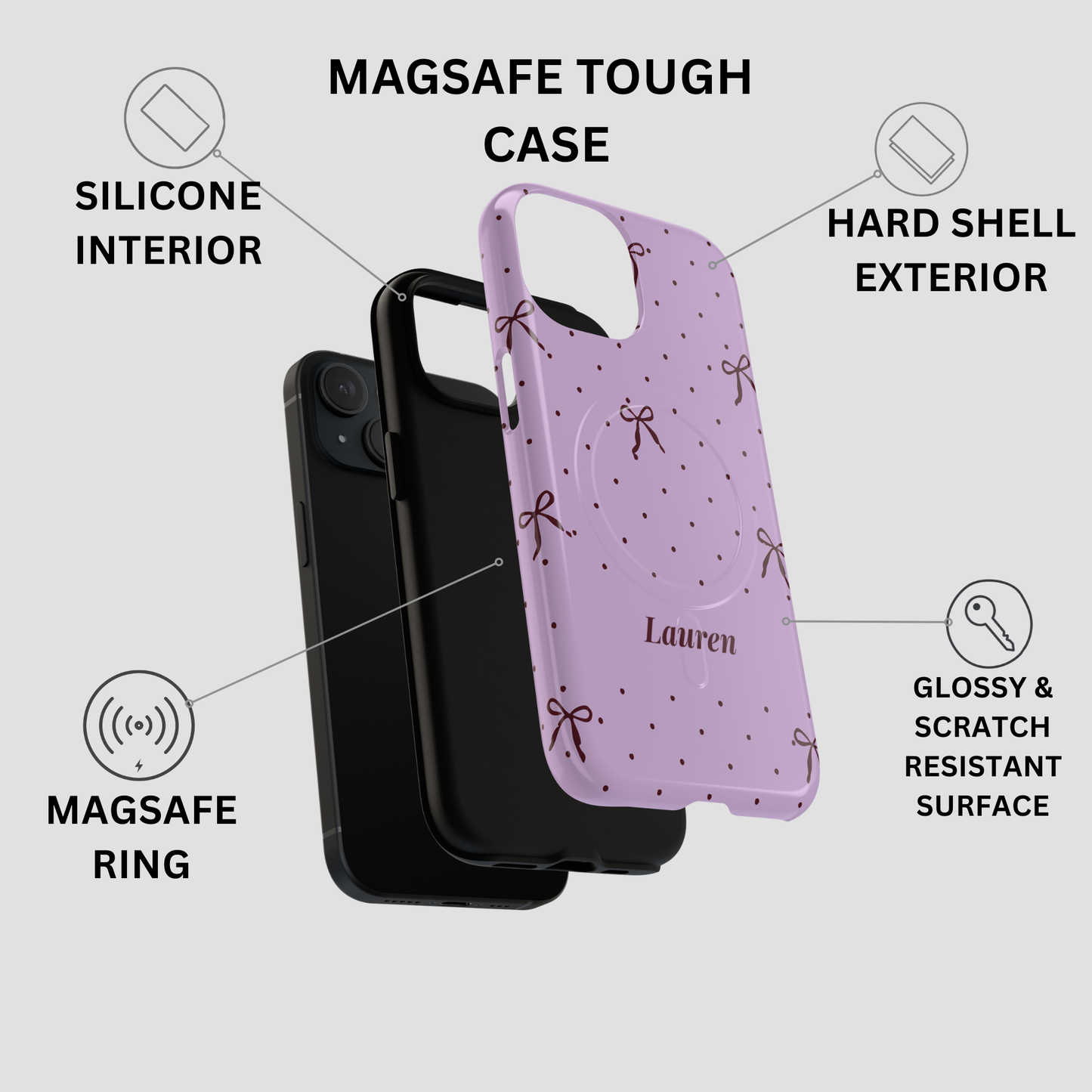 Personalized Lavender Bow Phone Case – Custom Name Polka Dot Coquette Aesthetic