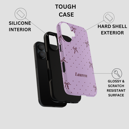 Personalized Lavender Bow Phone Case – Custom Name Polka Dot Coquette Aesthetic