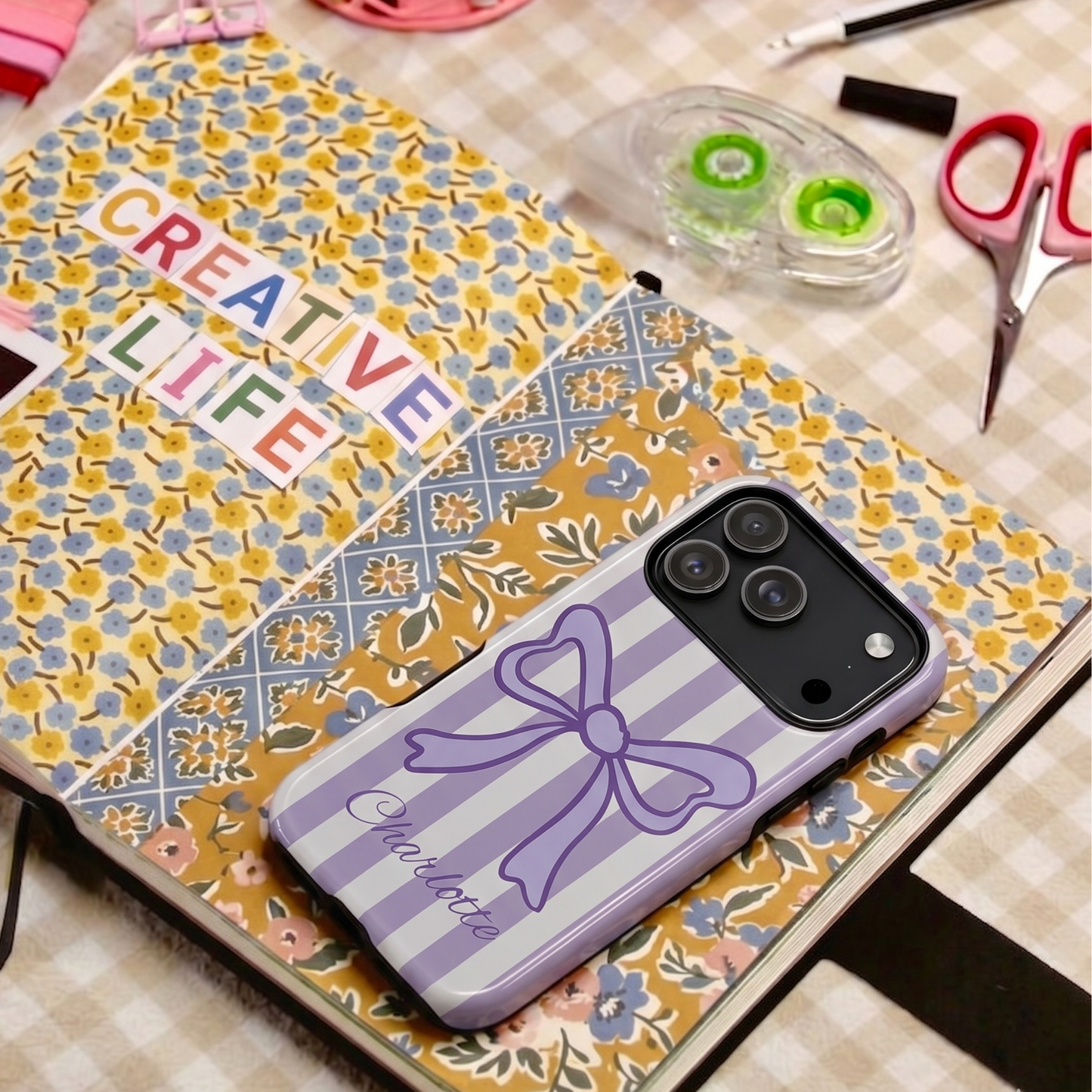 Personalized Lavender Bow Phone Case – Purple Striped Coquette Ribbon Aesthetic