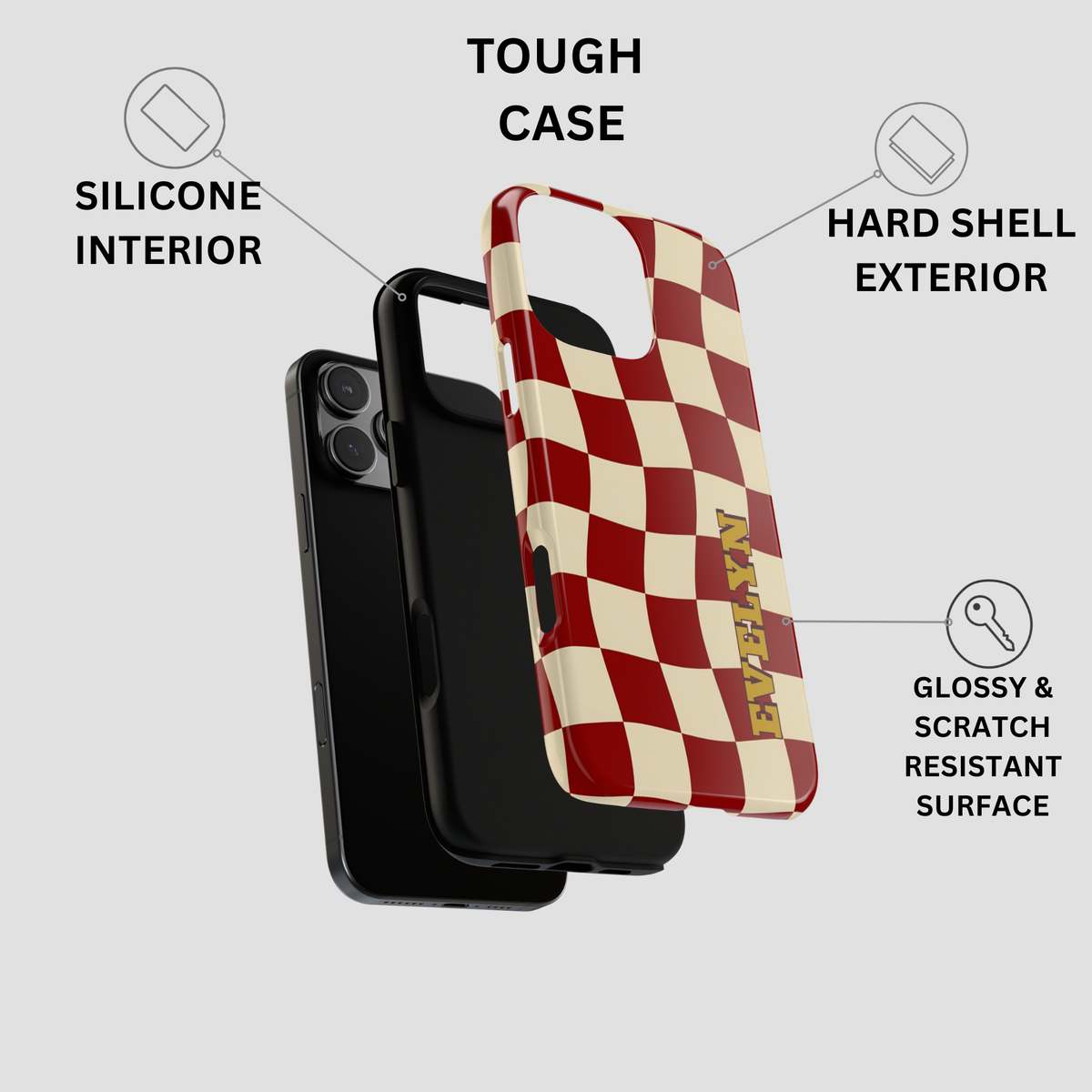 A phone case shown on a smartphone against a light gray background, with callout text highlighting features: silicone interior, hard shell exterior, and glossy scratch-resistant surface. The case has a red and cream checkerboard pattern with a small gold vertical logo near the lower right.
