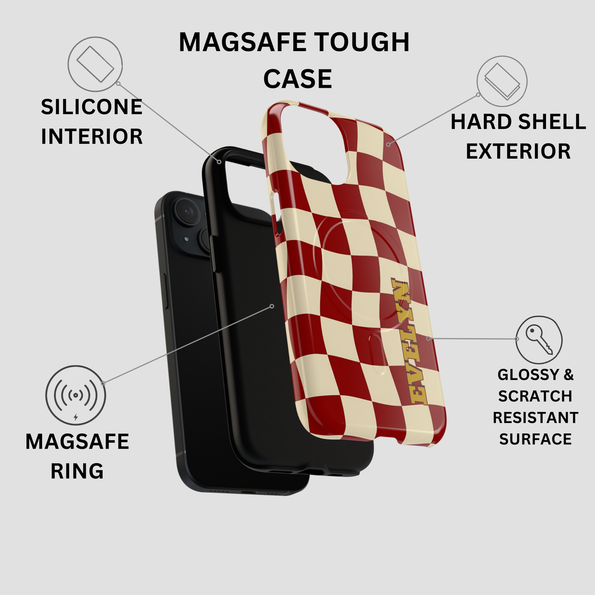 A phone case shown on a light gray background with callout labels for its features: silicone interior, hard shell exterior, MagSafe ring, and glossy scratch-resistant surface. The case has a red and cream checkerboard pattern with a small gold 'NAPLON' logo near the bottom right.